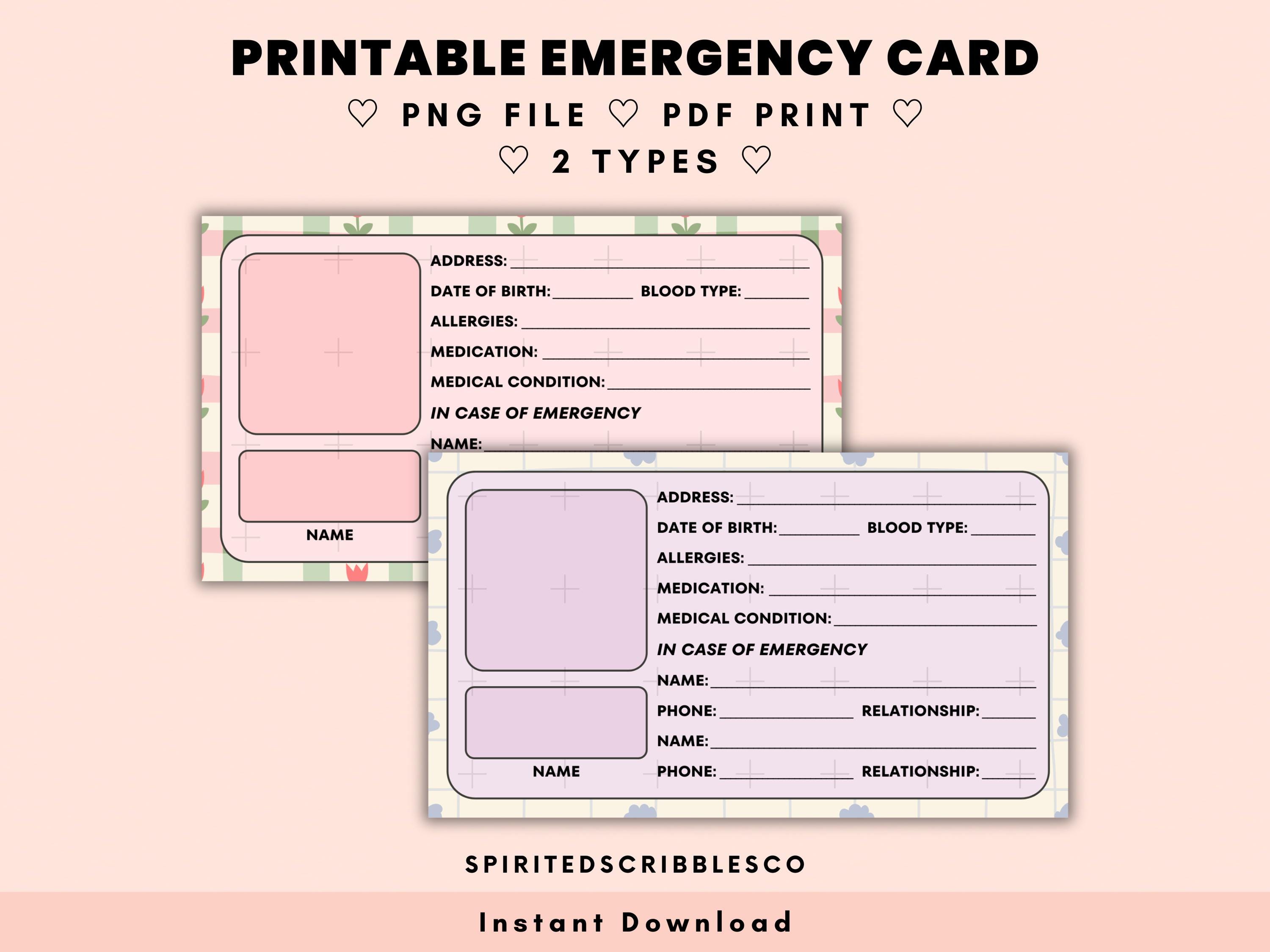 Kids Printable Emergency Card In Case of Emergency ICE Tag Contacts Template Medical Safety Information | PNG & PDF Print Digital Download