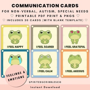 Communicatiekaarten Afdrukbare gevoelens Emoties Kikkerspraak Flashcard voor autisme Speciale behoeften Non-verbaal | Digitale download, png en pdf afdrukken
