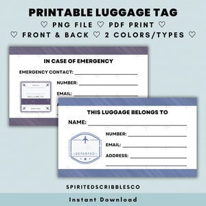 Insertion d'étiquette de bagage imprimable recto-verso en cas d'urgence Matériel de voyage Cartes de valise Simple minimaliste | Impression PNG et PDF en téléchargement numérique