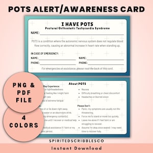 Afdrukbare POTS-kaart Posturaal orthostatisch tachycardiesyndroom Bewustzijn medische aandoening Tag waarschuwingskaarten | Digitale download, png en pdf afdrukken