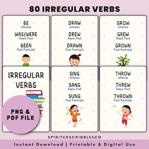 80 schede didattiche stampabili sui verbi irregolari inglesi Infinito Passato Semplice Participio Passato Tempi Illustrazione Scheda / Download digitale PNG e PDF