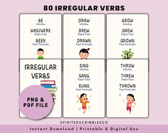 May include: A set of 80 colorful flashcards with illustrations and text, teaching irregular verbs in English. The cards are labeled "PNG & PDF FILE" and "IRREGULAR VERBS".