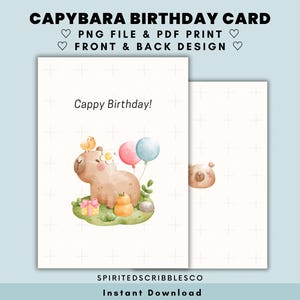 Tarjeta de cumpleaños de capibara para imprimir en formato digital, para celebrar, felicitaciones, deseos de feliz cumpleaños, en blanco, PNG y PDF, para imprimir y descargar en formato digital