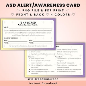 Afdrukbare ASD-kaart Autismespectrumstoornis Gezondheid Veiligheid Bewustzijnskaarten Medische aandoening Keytag-waarschuwing | Digitale download, png en pdf afdrukken