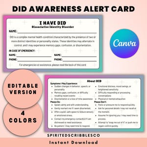 Bewerkbare DIS-kaarten Dissociatieve identiteitsstoornis Bewustzijnskaart Medische aandoening Noodwaarschuwingstags | Digitale Canva-bewerkingsgids downloaden