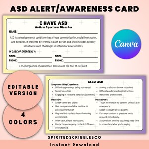 Pode incluir: Um cartão de alerta/consciencialização sobre o TEA (Perturbação do Espectro do Autismo) com o texto "Eu tenho TEA Perturbação do Espectro do Autismo". O cartão inclui secções para o nome e informações de contacto de emergência, juntamente com uma lista de sintomas e diretrizes. O design apresenta um logótipo Canva e o texto "Versão editável" e "4 cores".