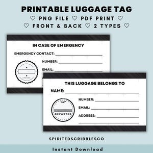 Insertion d'étiquette de bagage imprimable recto-verso en cas d'urgence Matériel de voyage Cartes de valise Simple minimaliste | Impression PNG et PDF en téléchargement numérique