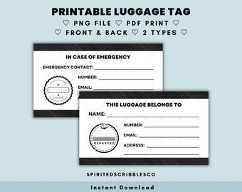 印刷可能な荷物タグインサート両面、緊急時用トラベルギアスーツケースカード、シンプルミニマリスト | PNG & PDF 印刷 デジタルダウンロード