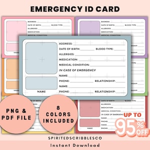 Cartão de identificação de emergência para impressão Crianças em caso de emergência Etiquetas Contatos Modelo Informações de segurança médica | Download digital PNG e PDF Imprimir