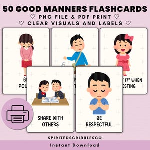 50 goede manieren Juiste etiquette Flashcards Afbeelding Gedrag Groeten Beleefde uitdrukking Visuele kaart | Digitale download, png en pdf-afdrukbaar