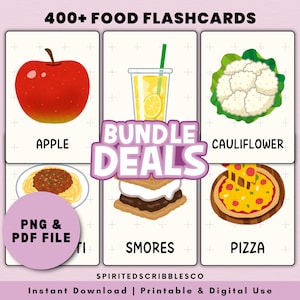 400+ Food Flashcards: Fruits, Vegetables, Fast Foods, Snacks, Desserts, Meals, Dishes, Beverages Printable Card | Digital Download PNG & PDF
