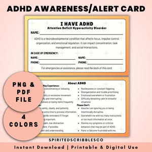 Carte imprimable TDAH Cartes de sensibilisation au trouble déficitaire de l'attention avec hyperactivité Carte d'alerte sanitaire d'urgence | Téléchargement numérique PNG et impression PDF