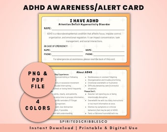 Printable ADHD Card Attention Deficit Hyperactivity Disorder Awareness Cards Emergency Health Alert Card | Digital Download PNG & PDF Print