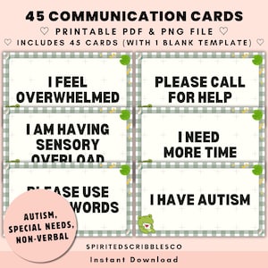 Cartões de comunicação sobre autismo, cartões visuais para impressão, discurso de sapo, cartões de dicas do tamanho de uma carteira, não verbais | Download digital PNG e PDF