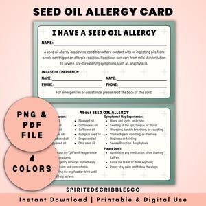 Seed Oil Allergy Card Allergy Awareness Tag Lebensmittel Warnung medizinischen Alarm Karten Notfall Vorlage | Digitaler Download PNG & PDF Druck