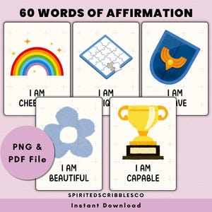 60 Wörter der Affirmation Flashcards Druckbare Kinder Positive Affirmationen Visuelle Karte Montessori Lernen | Digitaler Download PNG & PDF Druck