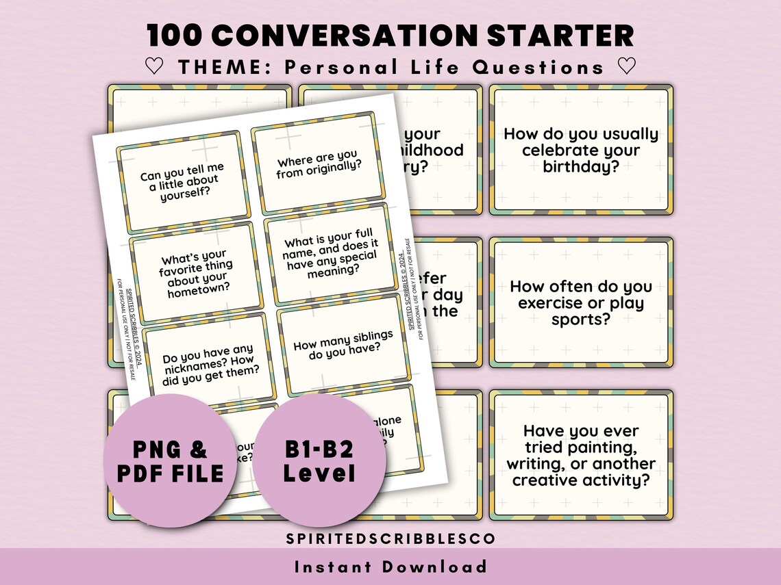 100 English Conversation Starter Flashcards ESL Intermediate Question ...