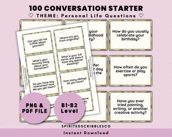 100 engelska konversationsstartare flashcards ESL mellannivå frågekort B1-B2 taluppmaningar | Digital nedladdning PNG & PDF utskrift