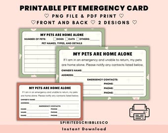 Printable Pet Emergency Contacts Card My Pets are Home Alone ICE Tag Multiple Pets In Case of Emergency | PNG & PDF Print Digital Download