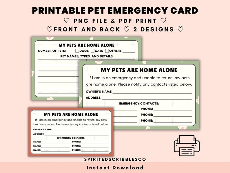 Printable Pet Emergency Contacts Card My Pets Are Home Alone ICE Tag ...