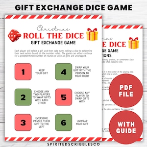 Puede incluir: Un juego de dados de intercambio de regalos navideños imprimible con un borde a rayas rojas y blancas. El juego incluye instrucciones y una guía. El título del juego es "Christmas Roll the Dice Gift Exchange Game". El juego incluye un archivo PDF.