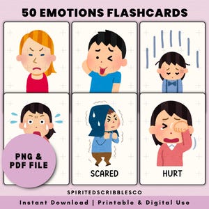 50 Emotion Flashcards Printable Emotions and Feelings Visual Illustration Card Social Emotional Education | Digital Download PNG & PDF Print