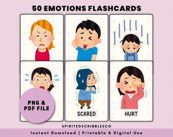 Puede incluir: Un conjunto de 50 tarjetas de memoria imprimibles con ilustraciones de dibujos animados de diferentes emociones. Las tarjetas están diseñadas para ayudar a los niños a aprender e identificar varios sentimientos. El texto "PNG & PDF FILE" es visible en la imagen.