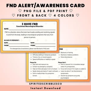 Afdrukbare FND-kaart Functionele neurologische stoornis Bewustzijn Medische keytag Waarschuwingskaarten gezondheidstoestand | Digitale download, png en pdf afdrukken