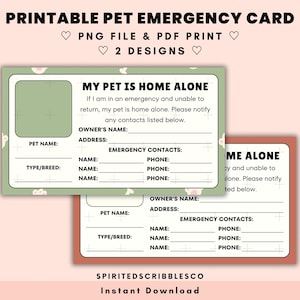 Modelo de cartão de contatos de emergência para animais de estimação para impressão Meu animal de estimação está sozinho em casa ICE Tag Rescue em caso de emergência | PNG e PDF Imprimir Download digital