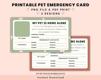 Printable Pet Emergency Contacts Card Template My Pet is Home Alone ICE Tag Rescue In Case of Emergency | PNG & PDF Print Digital Download