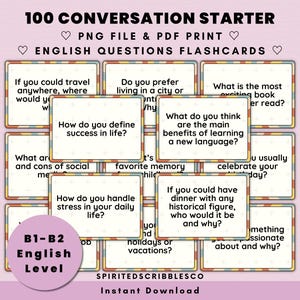 May include: A set of 100 conversation starter flashcards for English language learners. The cards are colorfully designed with a yellow, orange, and red color scheme. The cards feature questions for B1-B2 English learners.