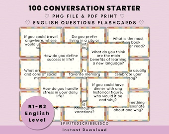 100 English Conversation Starter Flashcards Printable Beginner A1-A2 ...