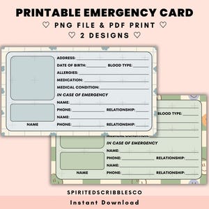 Carte d'urgence imprimable pour enfants en cas d'urgence Modèle de contacts avec étiquette ICE Informations de sécurité médicale | Impression PNG et PDF en téléchargement numérique