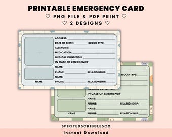 Kids Printable Emergency Card In Case of Emergency ICE Tag Contacts Template Medical Safety Information | PNG & PDF Print Digital Download