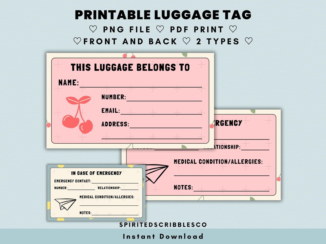 Printable Luggage Tag Insert Two-sided in Case of Emergency Contacts ...