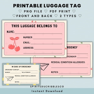 Druckbare Gepäckanhänger Einfügen Beidseitig Im Notfall Kontakte Reise Ausrüstung Koffer Karten Tasche Aufhängen | PNG & PDF Druck Digitaler Download