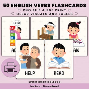 50 English Verb Vocabulary Flashcards Printable English Action Words Visual Card Illustration Learning | Digital Download PNG & PDF Print
