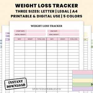 Afdrukbare tracker voor gewichtsverlies | Gewichtsverlies Reissjabloon Dagboek Dagelijkse Gewichtsplanner Tracker | Digitale pdf-bestand A4, Legal en Letter (digitale download)