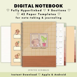 Puede incluir: Un cuaderno digital con una portada marrón y beige que presenta una ilustración de dibujos animados de un capibara. El cuaderno está completamente hipervinculado con 9 secciones y 42 plantillas de papel para tomar notas y llevar un diario. El texto "Digital Notebook" está en la parte superior de la portada, y el texto "dua progress is still progress" está en la parte inferior de la portada. El texto "SPIRITED SCRIBBLES" está en la parte inferior de la portada. El texto "Instant Download Apple & Android" está en la parte inferior de la portada.