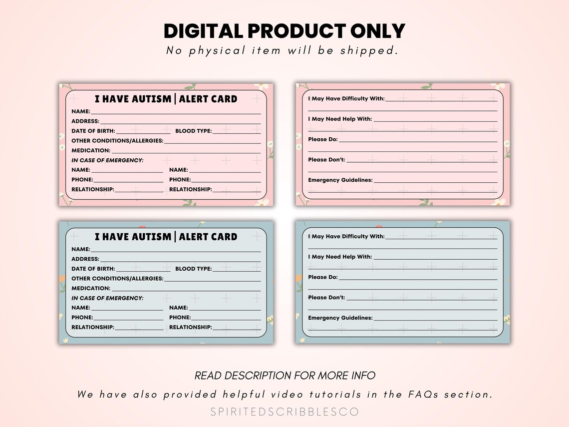 Printable Autism Alert Card Medical ID Ice Tag Emergency Safety ...