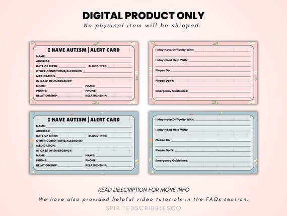 Printable Autism Alert Card Medical ID Ice Tag Emergency Safety