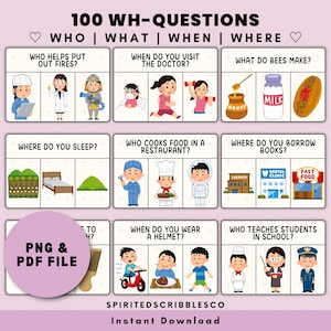 Pode incluir: Imprimível educativo com 100 perguntas WH e ilustrações. Os tópicos incluem 'Quem ajuda a apagar incêndios?' e 'O que as abelhas fazem?'. Inclui opções de arquivos PNG e PDF. Spirited Scribbles Co. Download instantâneo.