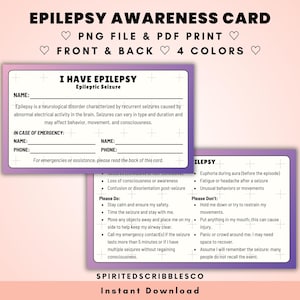 Tarjeta imprimible de epilepsia Tarjeta de alerta de condición médica de concientización sobre convulsiones epilépticas Etiqueta de seguridad de emergencia ICE / PNG y PDF Imprimir Descarga digital