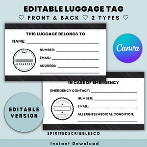 Insertion d'étiquette de bagage modifiable recto-verso en cas d'urgence Matériel de voyage Cartes de valise Simple minimaliste | Guide d'édition Canva à téléchargement numérique