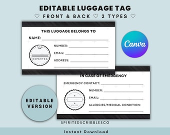 Bewerkbaar bagagelabelinzetstuk dubbelzijdig voor noodgevallen Reisuitrusting Kofferkaarten Eenvoudig Minimalistisch | Digitale Canva-bewerkingsgids downloaden