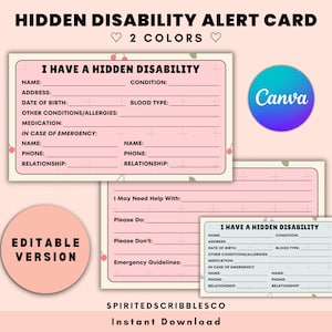 Bewerkbare kaart voor verborgen handicaps Medische kaart Veiligheidswaarschuwingskaart Gezondheidstoestand Nood-ID | Digitale Canva-bewerkingsgids downloaden