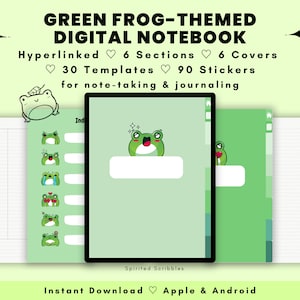 Può includere: Blocco notes digitale a tema rana verde con collegamenti ipertestuali, 6 sezioni, 6 copertine, 30 modelli e 90 adesivi. Il blocco notes è progettato per prendere appunti e tenere un diario. L'immagine mostra un'anteprima del blocco notes sullo schermo di un tablet, con un'illustrazione di una rana verde.