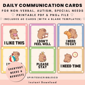 Afdrukbare dagelijkse communicatiekaarten Schattig capibara Spraakgesprek Flashcard Autisme Speciale behoeften Non-verbaal | Digitale png- en pdf-download