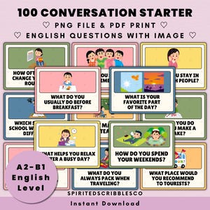 100 tarjetas didácticas imprimibles para iniciar conversaciones en inglés / Tarjetas de preguntas de nivel intermedio A2-B1 (impresión en PNG y PDF, descarga digital)