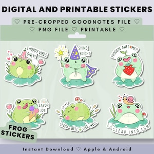 Conjunto de adesivos de sapo adesivos digitais de animais fofos, notas pré-cortadas, PNG e PDF imprimível para iPad, laptop, notebook, planejador, adesivo de diário